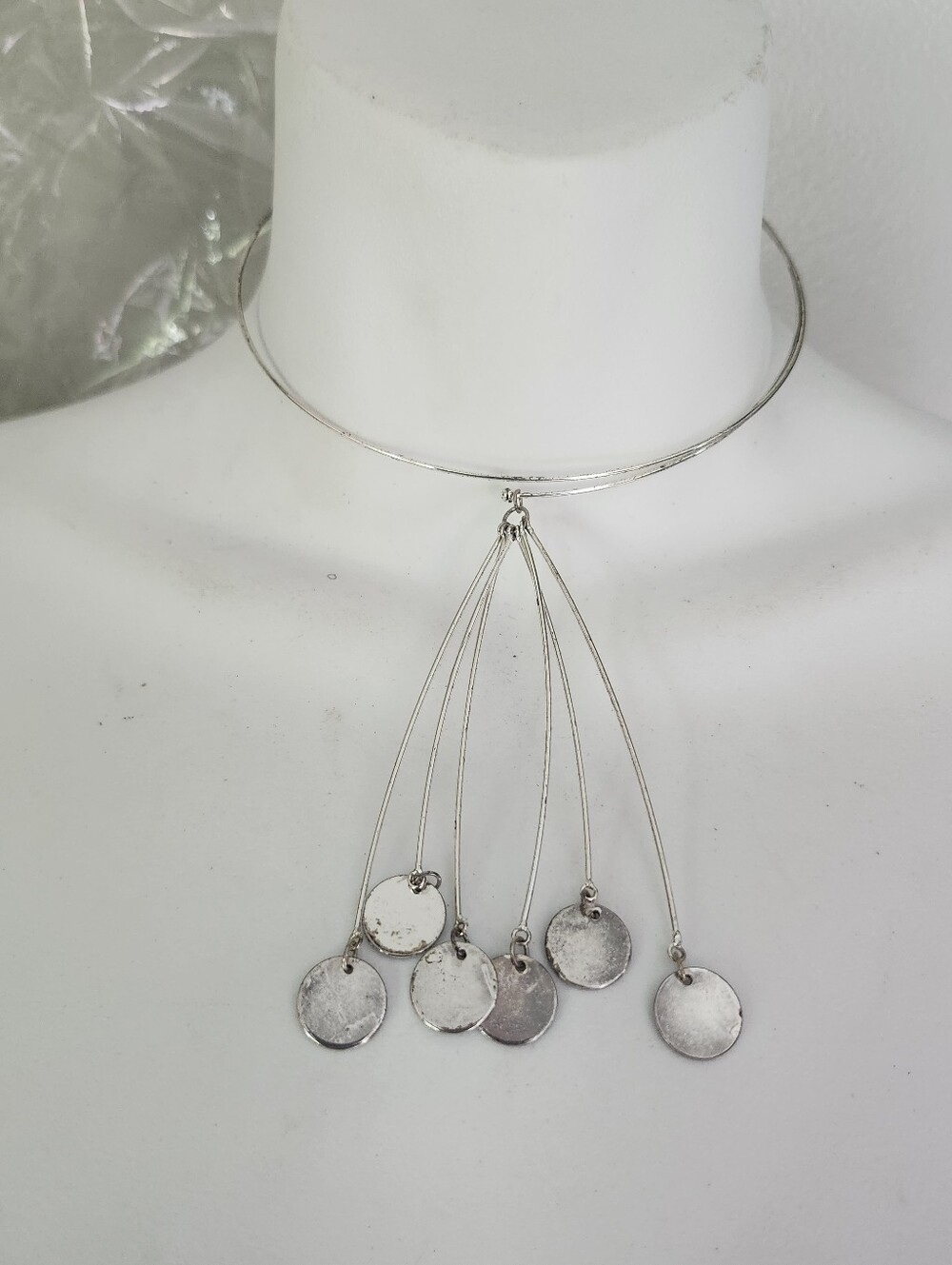 Vtg Modernist Abstract Silver Tone Choker With Dangling Discs